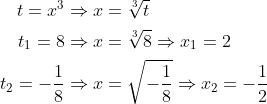 \begin{aligned} t=x^{3}&\Rightarrow x=\sqrt[3] {t}\\ t_{1}=8&\Rightarrow x=\sqrt[3] {8}\Rightarrow x_{1}=2\\ t_{2}=-\dfrac{1}{8}&\Rightarrow x=\sqrt{-\dfrac{1}{8}}\Rightarrow x_{2}=-\dfrac{1}{2} \end{aligned}